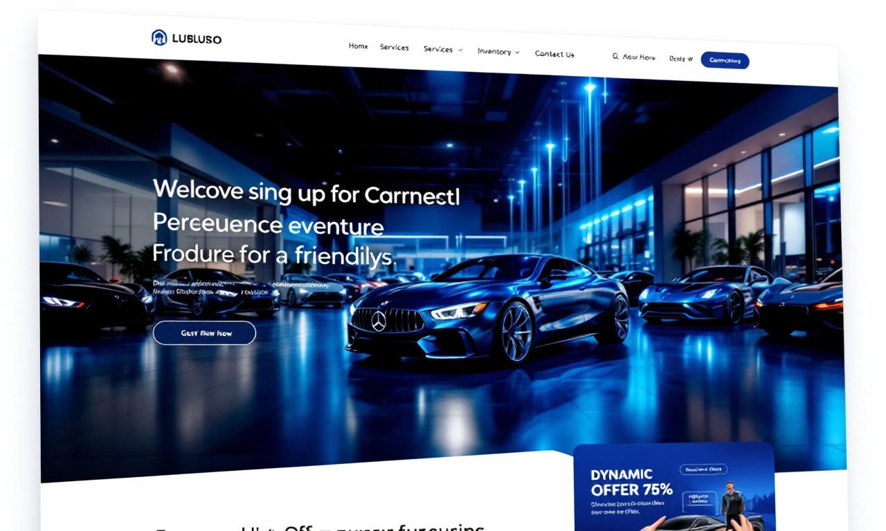 A modern automotive business website layout with an inviting and professional design, featuring a car showroom in the background.
