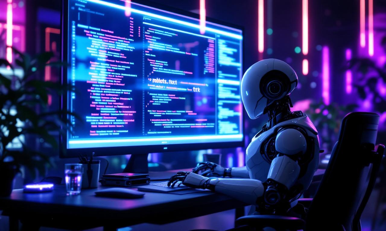 A futuristic office where a robot interacts with a holographic screen displaying code.