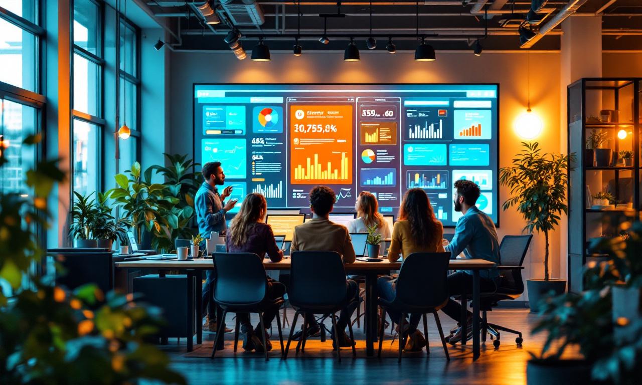 A modern digital workspace with a team collaborating on web hosting solutions.