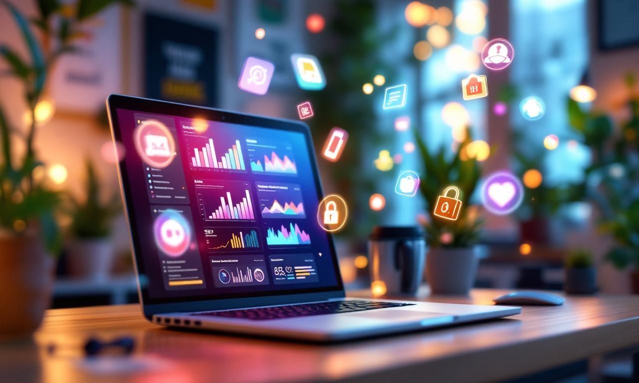 A vibrant digital workspace focused on optimizing WordPress plugins, with a laptop showing performance graphs and floating plugin icons in a bright office environment.